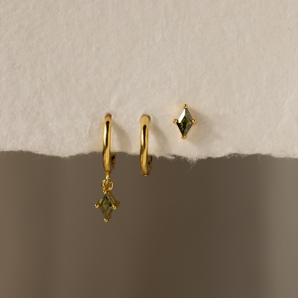 Peridot-Ohrring-Set • 3-teiliges Schmuckset: Creolen, Hängeohrringe & Ohrstecker mit Edelsteinen • Sommerschmuck • Weihnachtsgeschenk • ER383