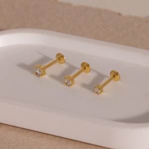 Flat-back Diamond Studs • Screw Back Cartilage Stud Earrings • Jewelry Set of 3 • Dainty Wedding Earrings • Girlfriend Gift • ER435