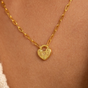 Heart Charm Lock Necklace • Heart Necklace with Layering Paperclip Chain • Personalized Initial Necklace • Couples Gift for Her • NM153NIF43