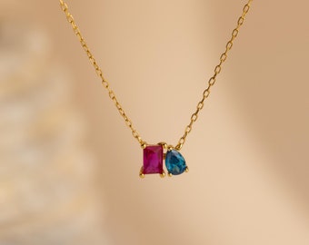 Custom Toi Et Moi Birthstone Necklace • Dainty Baguette Pendant Necklace • Gemstone Charm Necklace • Personalized Jewelry • Mom Gift • NM140