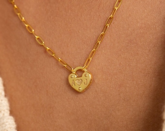 Heart Charm Lock Necklace • Heart Necklace with Layering Paperclip Chain • Personalized Initial Necklace • Couples Gift for Her • NM153NIF43
