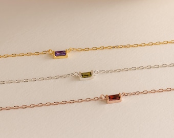 Baguette Birthstone Pendant Necklace • Dainty Gemstone Charm Necklace • Layering Chain Necklace • Minimalist Jewelry • Gift for Mom • NM147