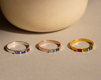Baguette Gemstone Ring • Dainty Custom Birthstone Ring • Stacking Mothers Ring • Personalized Birthstone Jewelry • Gifts for Mom • RM104