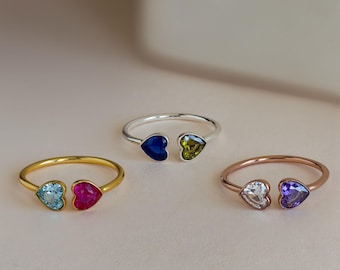 Duo Heart Birthstone Ring • Personalized Crystal Gemstone Ring • Dainty Promise Ring • Custom Minimalist Jewelry • Couple Gift • RM126