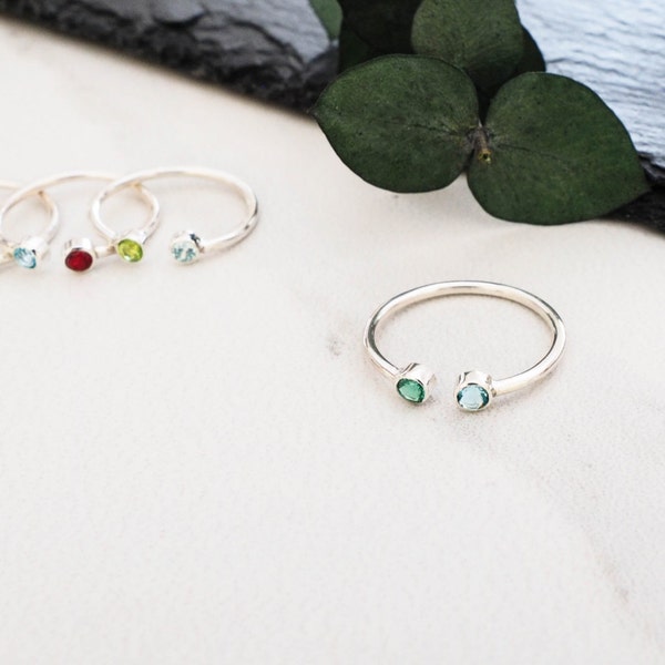 Dainty Birthstone Jewelry • Dual Birthstone Ring • Skinny Gemstone Stacking Ring in Silver, Gold & Rose Gold • Christmas Gift for Her • RH05