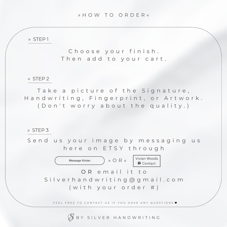 Puede incluir: Un fondo blanco con texto negro que explica c&oacute;mo pedir una pieza de joyer&iacute;a personalizada. El texto incluye los pasos para tomar una foto de una firma, escritura a mano, huella digital o obra de arte y enviarla al vendedor a trav&eacute;s de Etsy o correo electr&oacute;nico. El texto tambi&eacute;n incluye la frase "By Silver Handwriting".