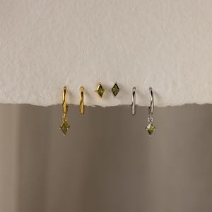 Peridot Earring Set of 3: Dainty Huggie Earrings, Dangle Drop Earrings & Gemstone Stud Earrings • Silver Jewelry Set • Gift for Her • ER383 image 2
