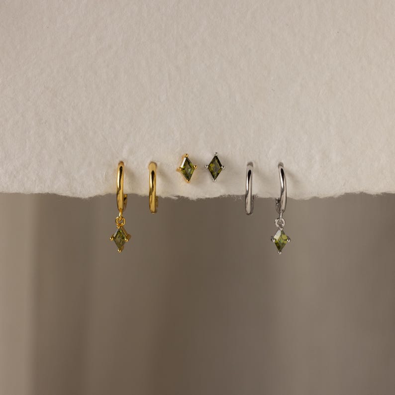 Peridot Earring Set of 3: Dainty Huggie Earrings, Dangle Drop Earrings & Gemstone Stud Earrings • Silver Jewelry Set • Gift for Her • ER383 image 2