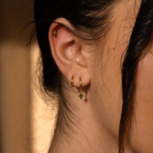 Peridot Earring Set of 3: Dainty Huggie Earrings, Dangle Drop Earrings & Gemstone Stud Earrings • Silver Jewelry Set • Gift for Her • ER383 18K GOLD