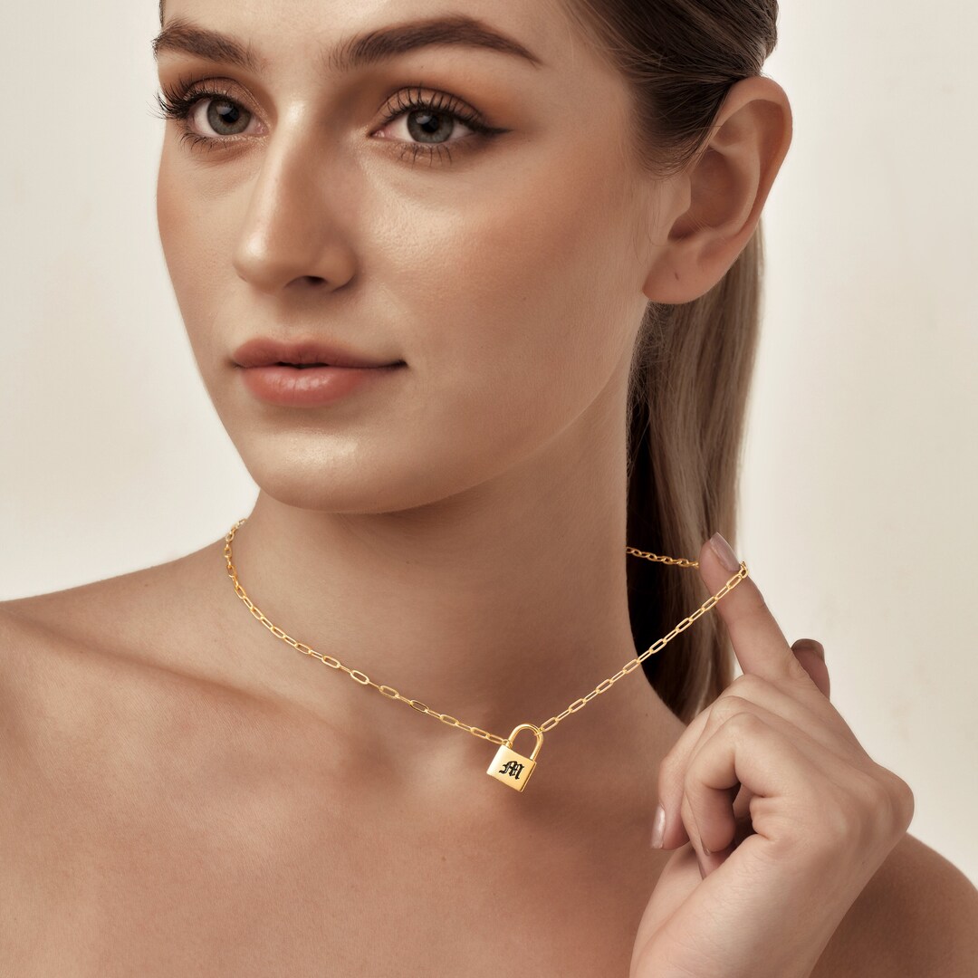 Engraved Lock Charm Necklace Paperclip Chain Necklace Minimalist Jewelry Layering Necklace Gift