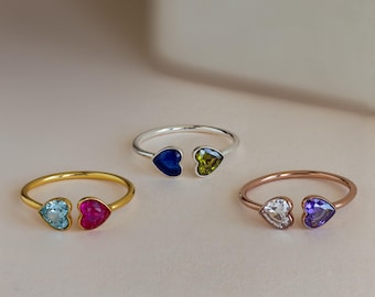 Duo Heart Birthstone Ring • Personalized Crystal Gemstone Ring • Dainty Promise Ring • Custom Minimalist Jewelry • Couple Gift • RM126