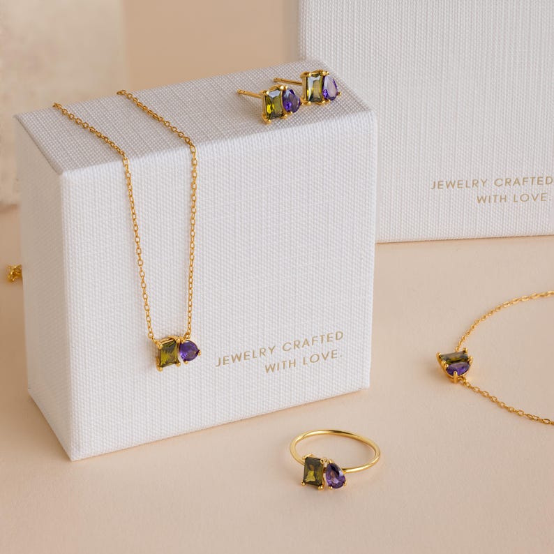 Diamond Earring Set • Jewelry Set of 3: Crystal Gemstone Studs, Huggies, & Ear Jacket • Bridal Earrings • Anniversary Gift • ER427 image 5