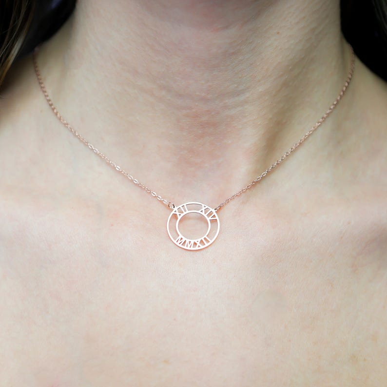 Custom Date Necklace Roman Numeral Jewelry Circle Charm Etsy