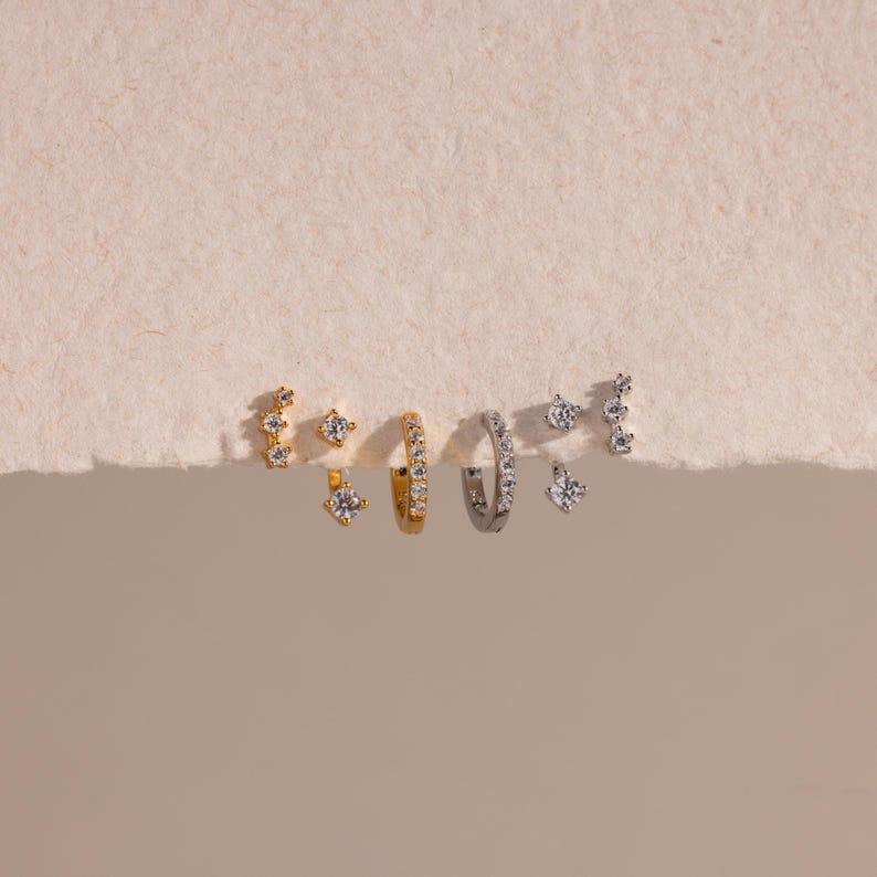 Diamond Earring Set • Jewelry Set of 3: Crystal Gemstone Studs, Huggies, & Ear Jacket • Bridal Earrings • Anniversary Gift • ER427 SILVER