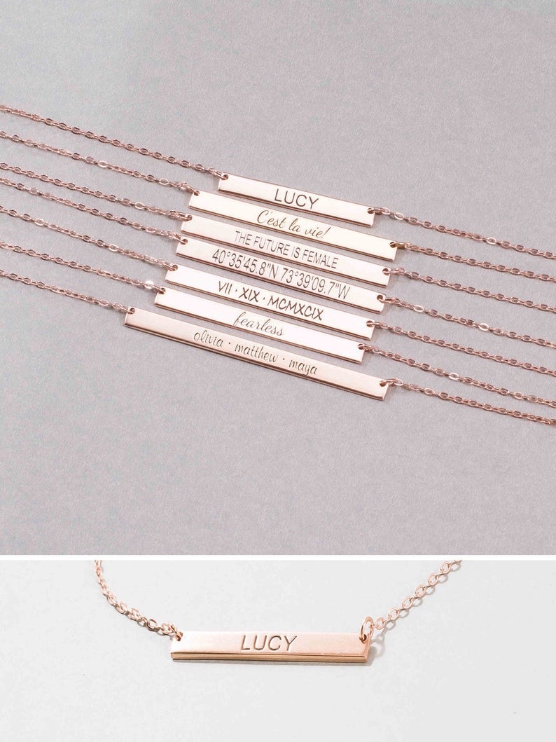 Inspirational Personalized Bar Necklace • Engraved Skinny Bar Charm • Custom Message Necklace • Roman Numeral Wedding Date Gift • NM34F41 