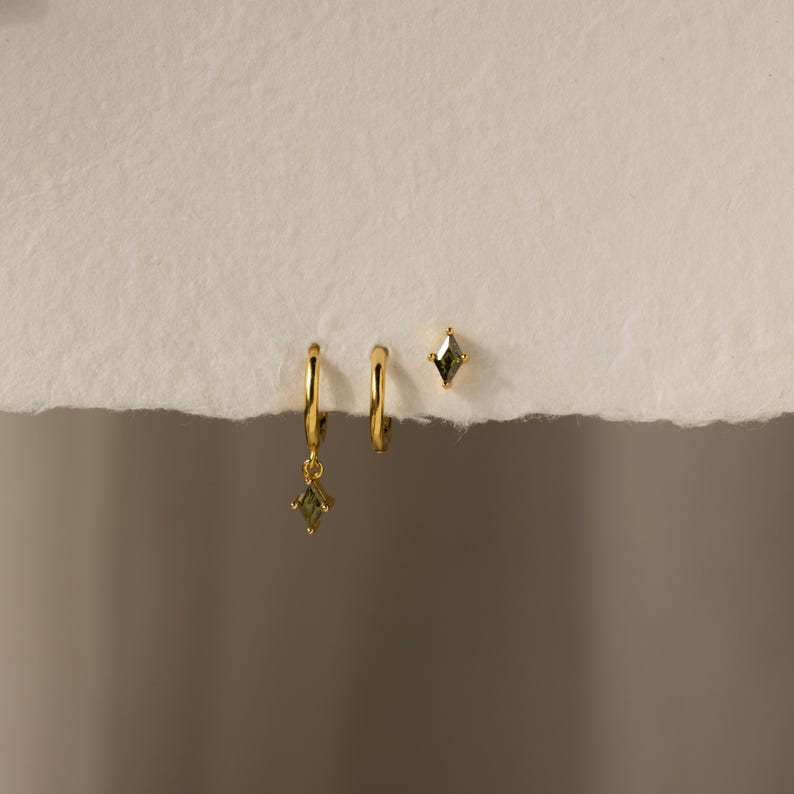 Peridot Earring Set of 3: Dainty Huggie Earrings, Dangle Drop Earrings & Gemstone Stud Earrings • Silver Jewelry Set • Gift for Her • ER383 image 4