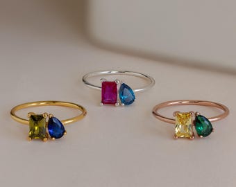 Toi Et Moi Birthstone Ring • Custom Crystal Gemstone Ring • Personalized Couple Ring • Dainty Minimalist Jewelry • Gift for Her • RM124