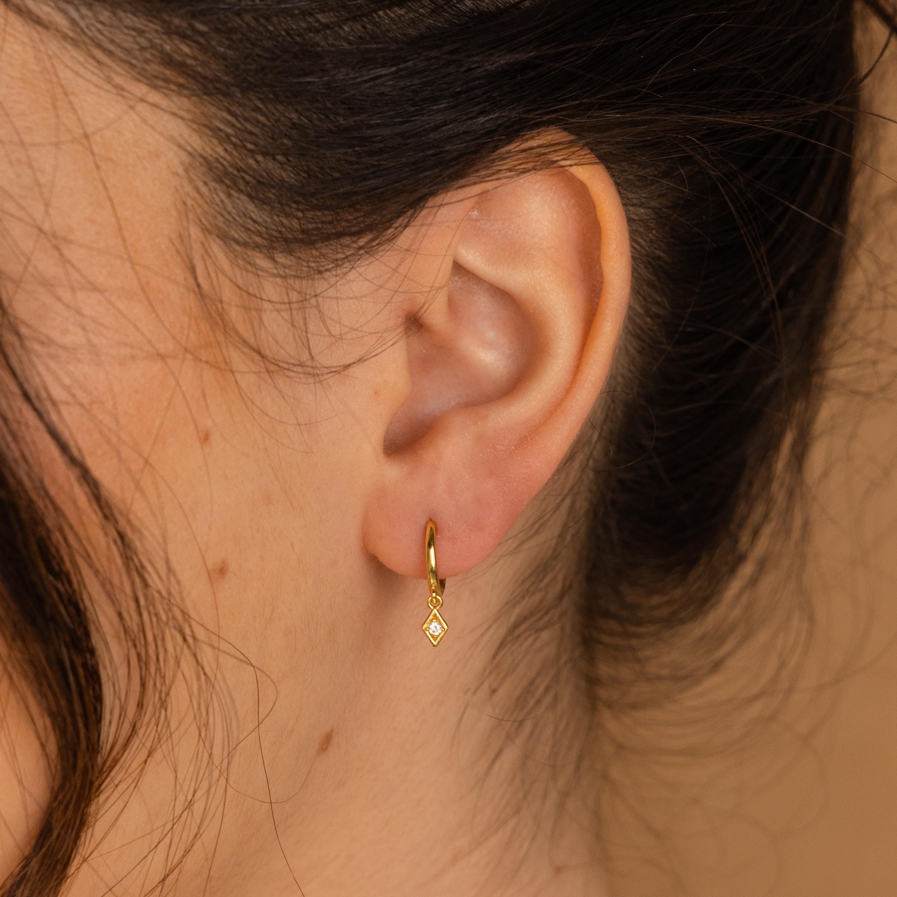 Dangling Diamond Hoop Earrings • Minimalist Huggie Hoop with Diamond Charm • Everyday Drop Earrings • Dainty Jewelry • Gift for Her • ER313