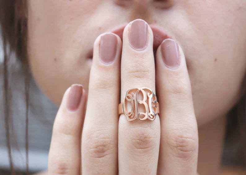 Personalized Initials Ring Custom Monogram Jewelry Thick Statement Name Ring in Sterling Silver & Rose Gold Wedding Jewelry RH04 image 1