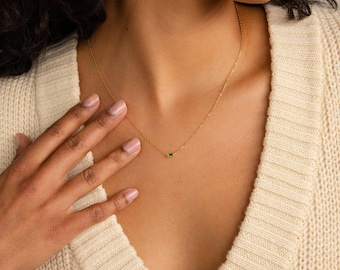 Baguette Birthstone Pendant Necklace • Dainty Gemstone Charm Necklace • Layering Chain Necklace • Minimalist Jewelry • Gift for Mom • NM147
