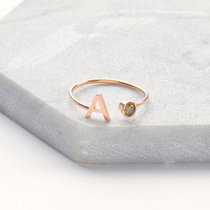 Dainty Initial Birthstone Ring Personalized Letter Ring Custom Birthstone Ring Stackable Rings in Gold Birthday Gift RM06F53 image 2