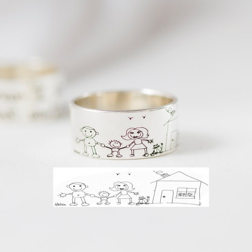 Bague oeuvre d'art pour enfants • Bague dessin d'enfant personnalisée en argent sterling • Jonc pour homme personnalisé • Cadeau commémoratif • Cadeau de Noël pour le père • 23 RM