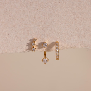 Diamond Earring Set • Jewelry Set of 3: Crystal Gemstone Studs, Huggies, & Ear Jacket • Bridal Earrings • Anniversary Gift • ER427 18K GOLD