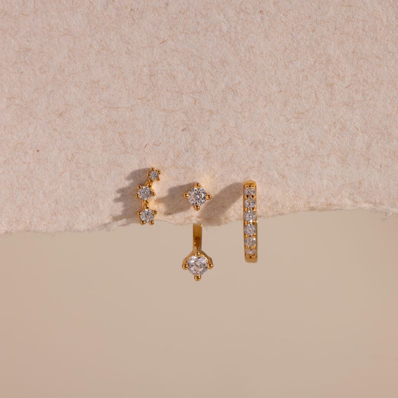 Diamond Earring Set • Jewelry Set of 3: Crystal Gemstone Studs, Huggies, & Ear Jacket • Bridal Earrings • Anniversary Gift • ER427 18K GOLD