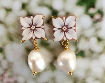 Cameo flower earrings and pearls