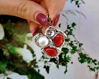 Pendant with red coral and heart cameo, silver pendant with coral and cameo