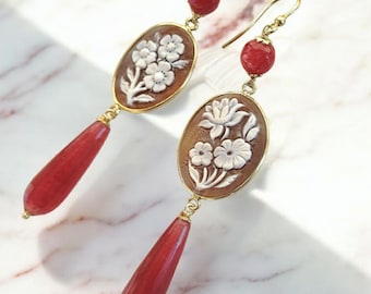 Floral cameo earrings with red agate, long floral cameo earrings