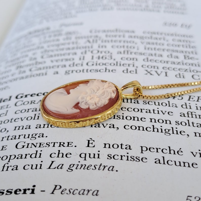 K&ouml;nnte beinhalten: Eine goldene Kettenkette mit einem Kameenanh&auml;nger. Die Kamee ist oval geformt und zeigt ein geschnitztes Portr&auml;t eines Frauenkopfes. Die Kamee ist in einen goldenen Rahmen gefasst und an einer goldenen Kette befestigt.