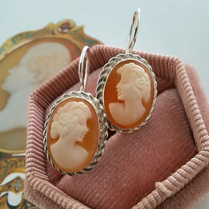 May include: A pair of oval cameo earrings with a silver-colored rope-like border. The cameo features a profile of a woman in a cream color against an orange background. The earrings are displayed in a pink velvet box.