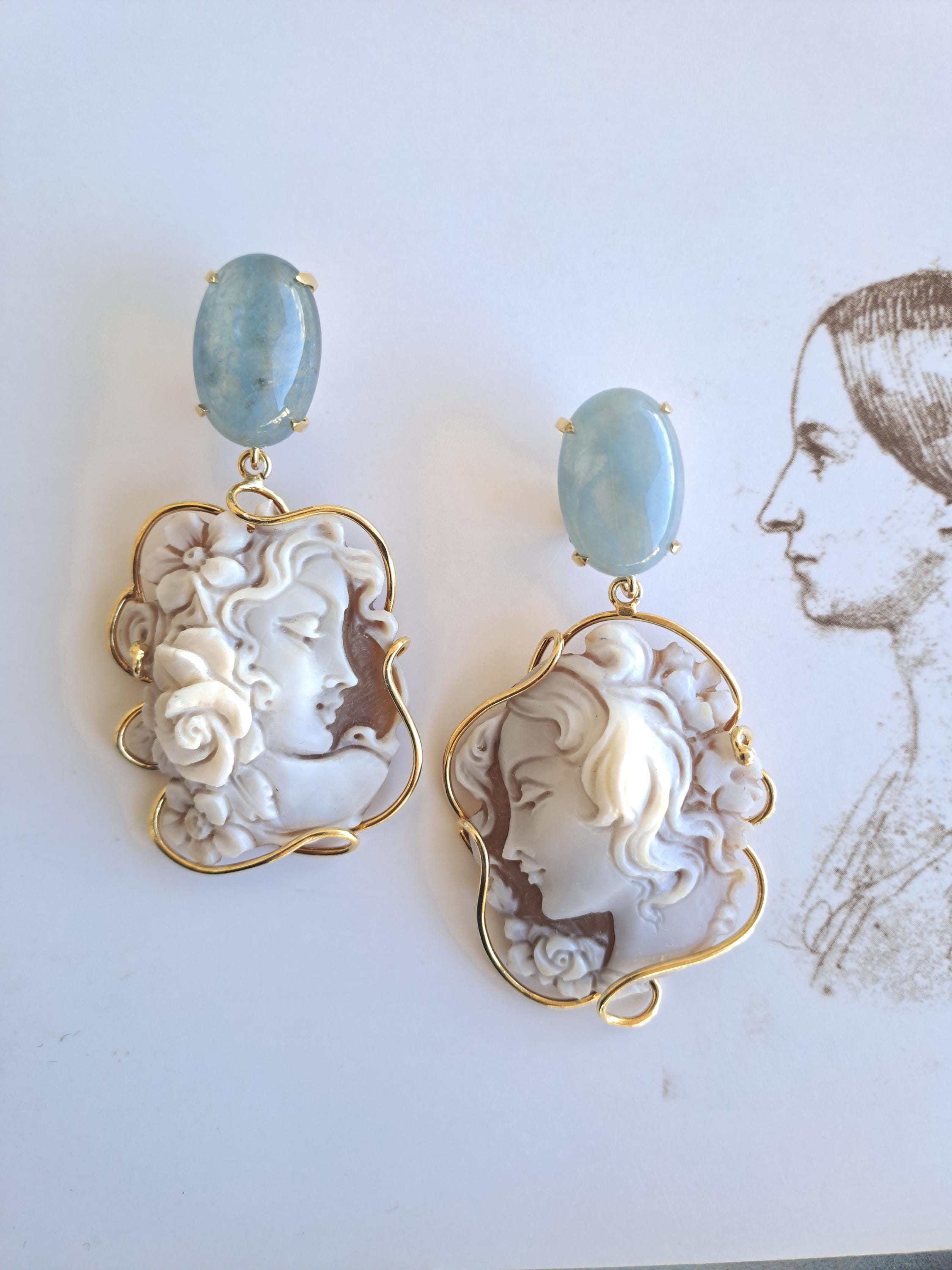 Carved Blue Cameo Clip on Earrings