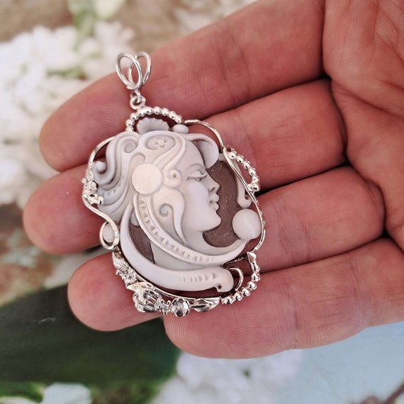 Pendentif Broche En Argent 925 Avec Camée En Cornaline Orange - Modèle Visage AGDV 0139 - Neuf Avec étiquettes