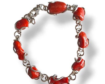 Pulseira de coral vermelho e prata 925
