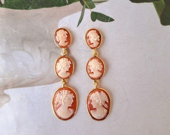 Long cameo earrings made in Torre del Greco
