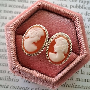 May include: A pair of cameo earrings with a white cameo of a woman's profile set in a silver tone metal frame. The cameos are set in a red shell-like material.