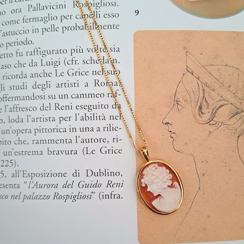 K&ouml;nnte beinhalten: Eine goldene Kettenkette mit einem Kameenanh&auml;nger. Die Kamee ist oval geformt und zeigt ein wei&szlig;es Profilportr&auml;t einer Frau mit lockigem Haar vor rotem Hintergrund.