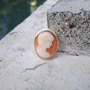 Puede incluir: Broche de camafeo ovalado con el perfil de una mujer con cabello suelto. El camafeo está engastado en un marco dorado. El perfil de la mujer está tallado en color melocotón claro, sobre un fondo melocotón más oscuro.