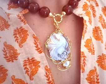 Carnelian agata necklace with cameo