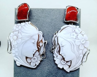 Earrings with red coral and cameos.