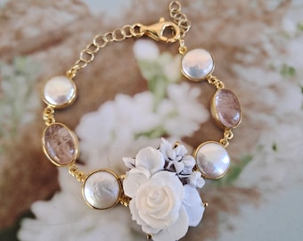 ピンクカメオ付きゴールデンシルバーブレスレット