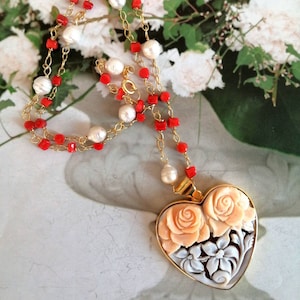 Heart floral cameo necklace