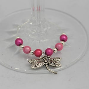 Wine Glass Charm Rings Dragonfly large silver plated Handcrafted bridal shower favors or anniversary party