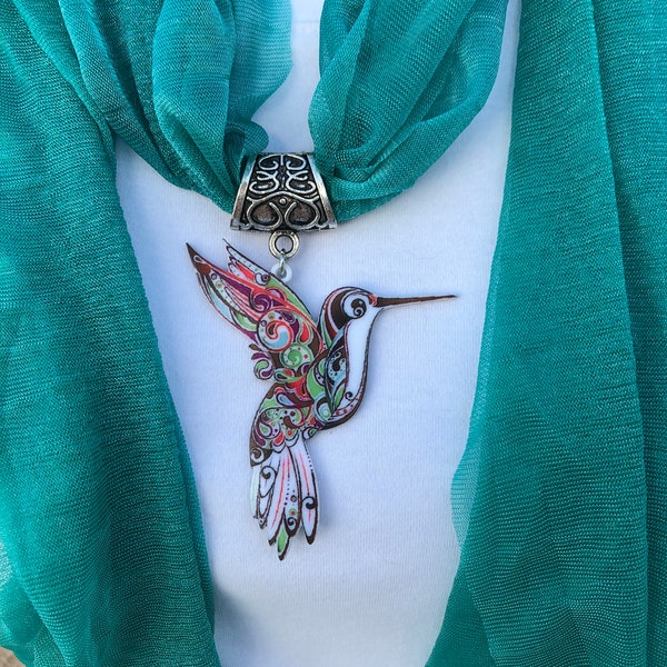 Jeweled Scarf - S1:01A Acrylic hummingbird pendant on small soft lightweight scarf - choice of scarf colors