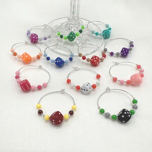 Dice Wine Glass Charm Rings -  set of 12 small rings assorted colors