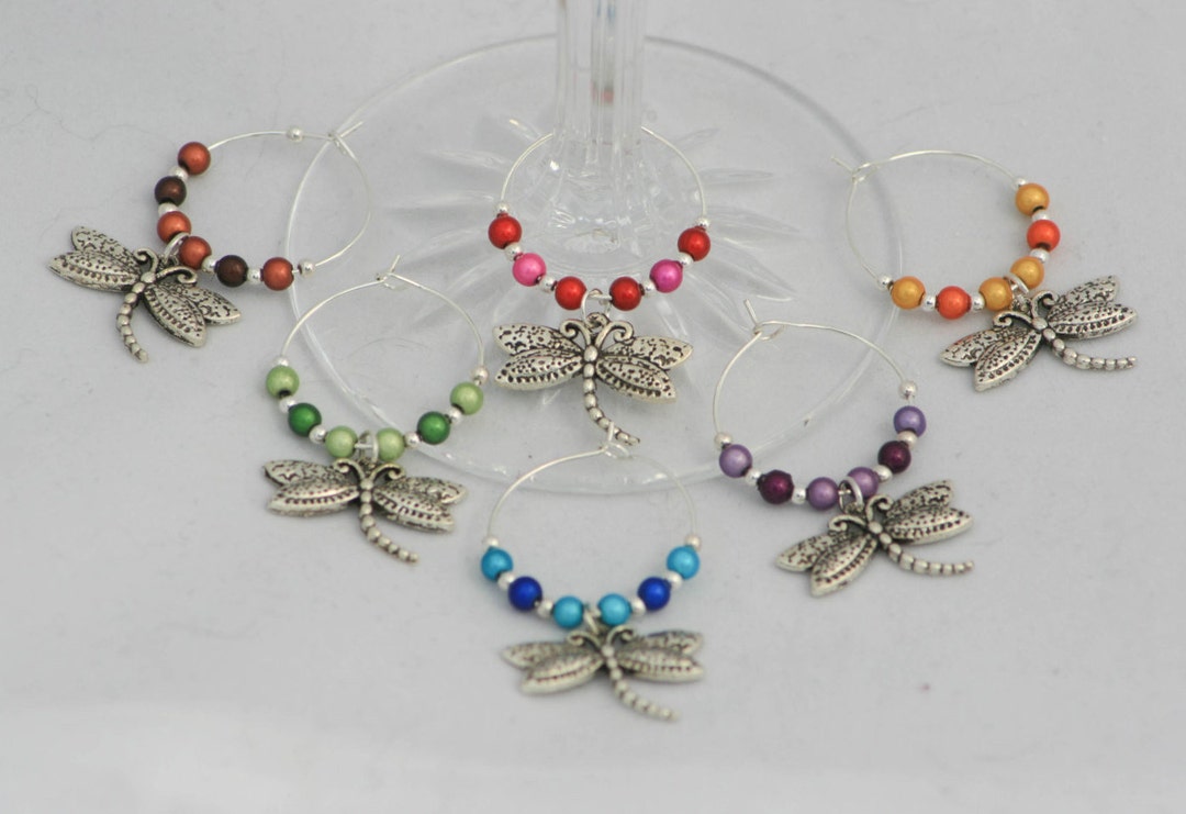 Wine Glass Charm Rings Dragonfly Large Silver Plated Handcrafted Rings Silver Metal Charm Wine