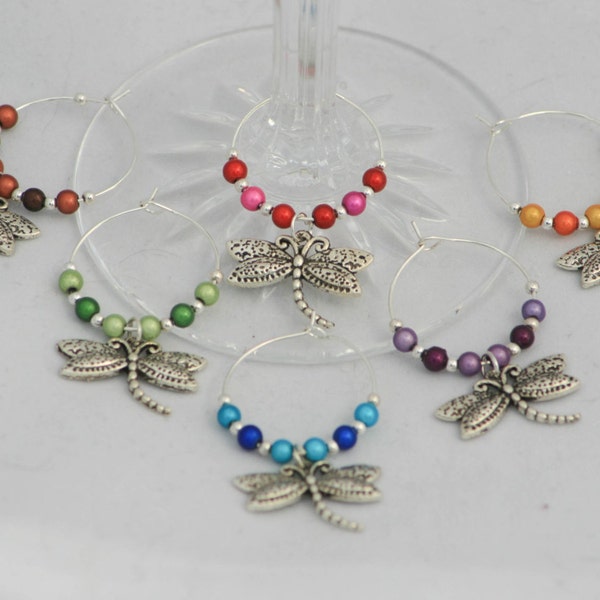 Wine Glass Charm Rings Dragonfly large silver plated Handcrafted rings Silver Metal Charm Wine Marker various quantities and colors