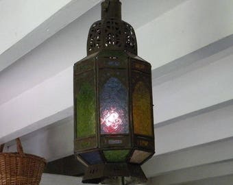 Hanging lantern French,colored glass candle lantern, Bohemian lantern, shabby chic lantern, vintage lantern, ethnic lantern